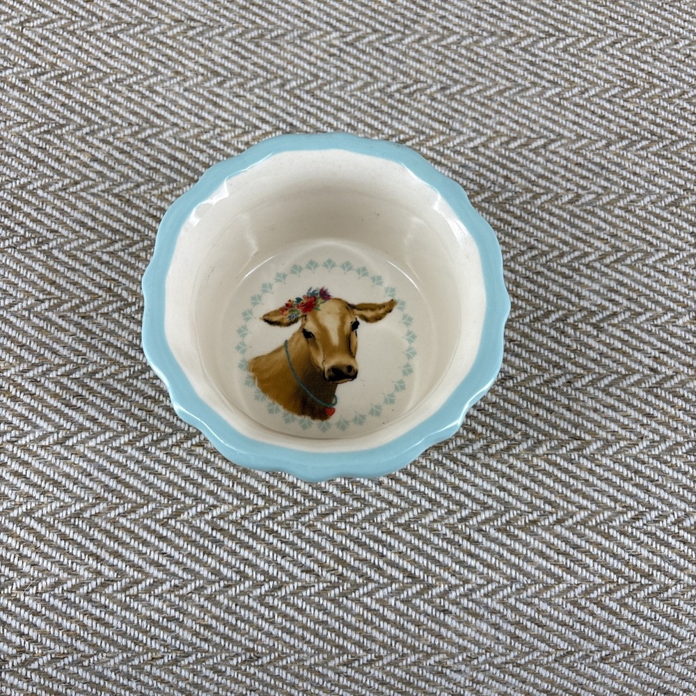 Pioneer Woman Ramekin Cow Plaid Blue Gingham Design Custard
